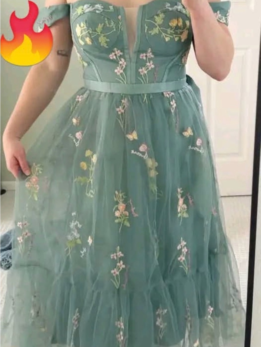 Sage Green Off-Shoulder Embroidered Tulle Midi Dress